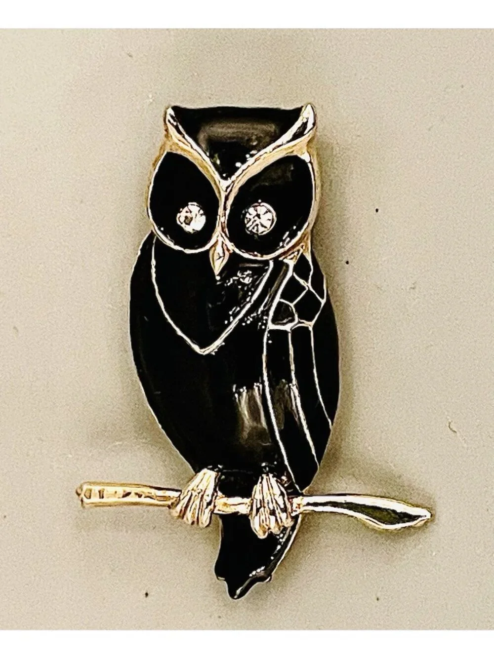 Vintage Owl Brooch Black Enamel Gold Tone Rhinestones Simple Retro
